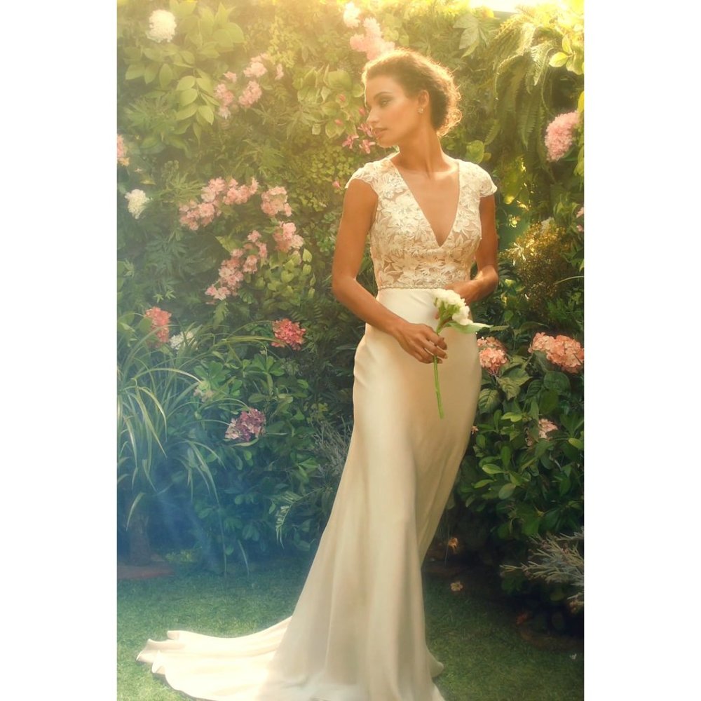 Jenny Yoo Ivory Lace Bodice Satin Column Wedding Gown